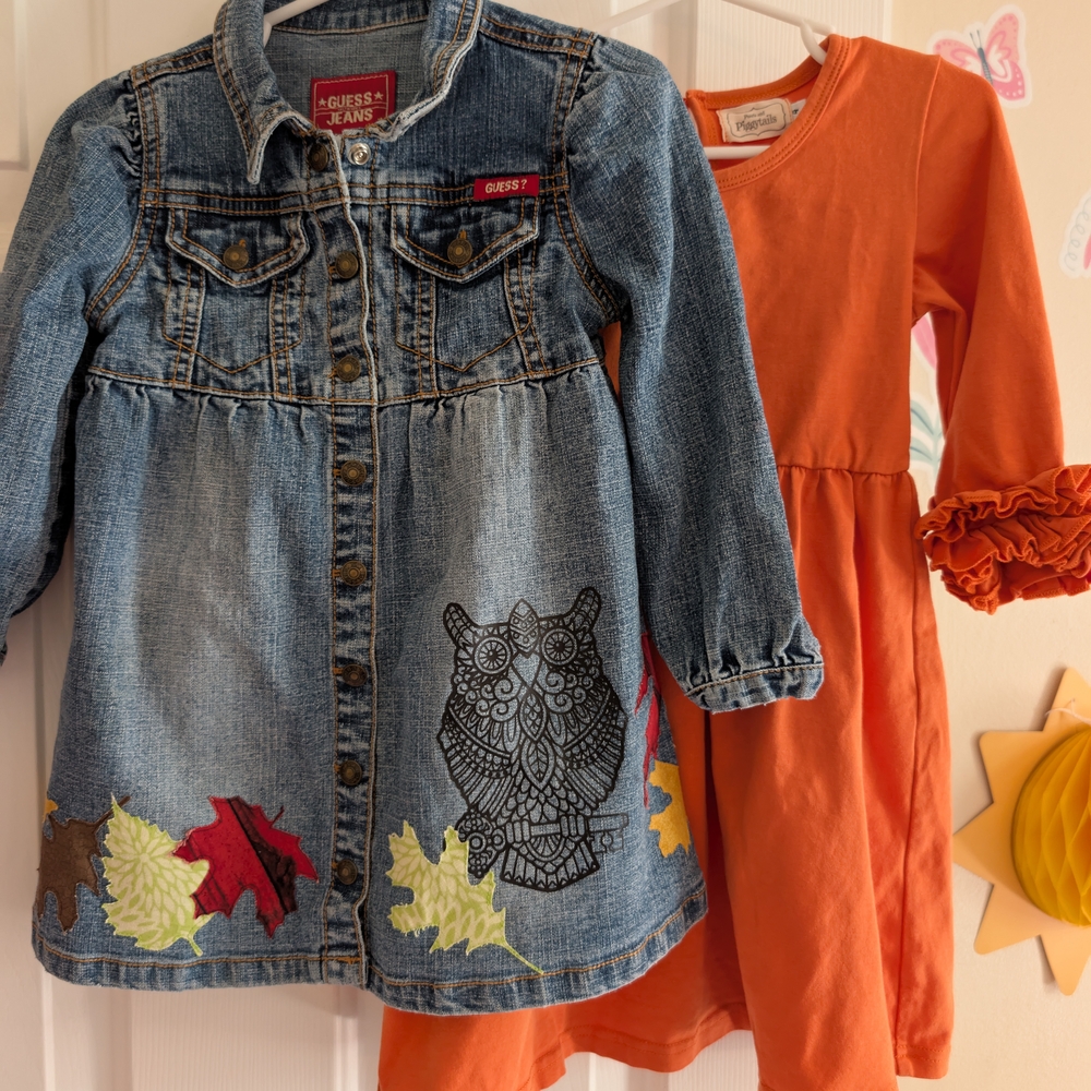 Thanksgiving Guess Kids Denim Jacket with Owl and Leaf Design